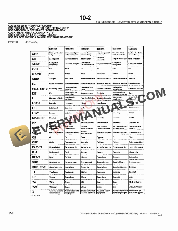 John Deere 1,57m Windrow Pickups Parts Catalog PC3135 40695-4