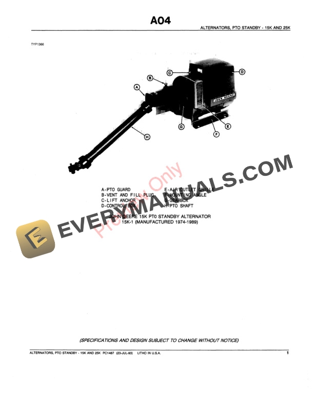 John Deere 15K, 25K Standby Alternators Parts Catalog PC1487 23JUL93-3