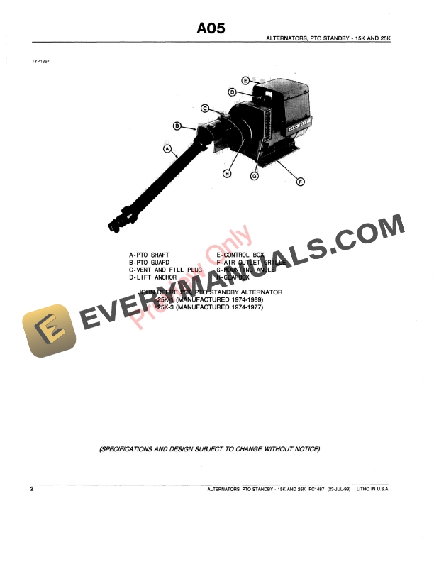 John Deere 15K, 25K Standby Alternators Parts Catalog PC1487 23JUL93-4