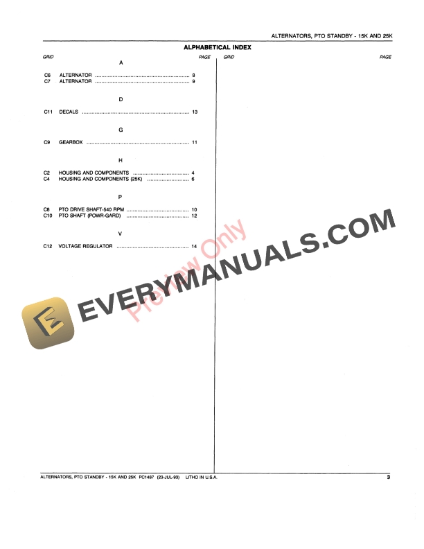 John Deere 15K, 25K Standby Alternators Parts Catalog PC1487 23JUL93-5