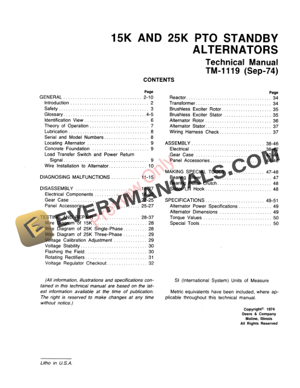 John Deere 15K and 25K Standby Alternator Technical Manual TM1119 01SEP74 3