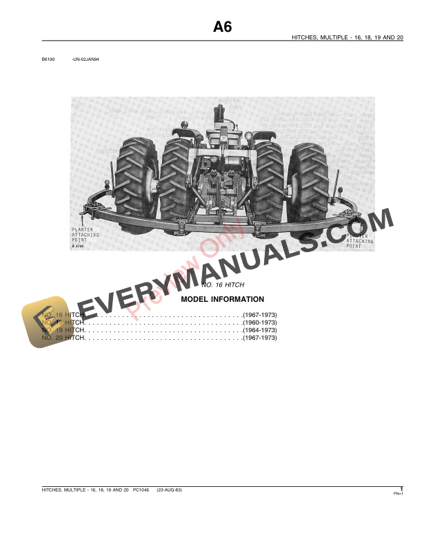 John Deere 16 18 19 20 Multiple Hitches Parts Catalog PC1046 09MAY85 3