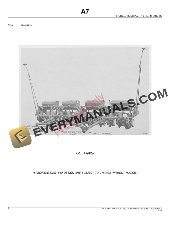 John Deere 16 18 19 20 Multiple Hitches Parts Catalog PC1046 09MAY85 4