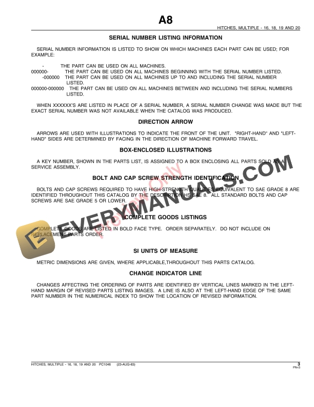 John Deere 16 18 19 20 Multiple Hitches Parts Catalog PC1046 09MAY85 5