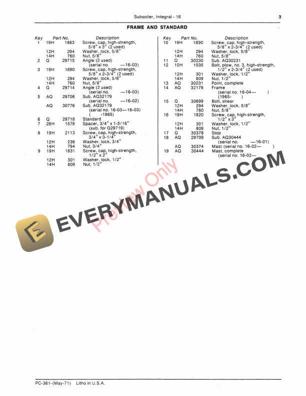 John Deere 16 Subsoiler, Integral Parts Catalog PC361 01MAY71-5
