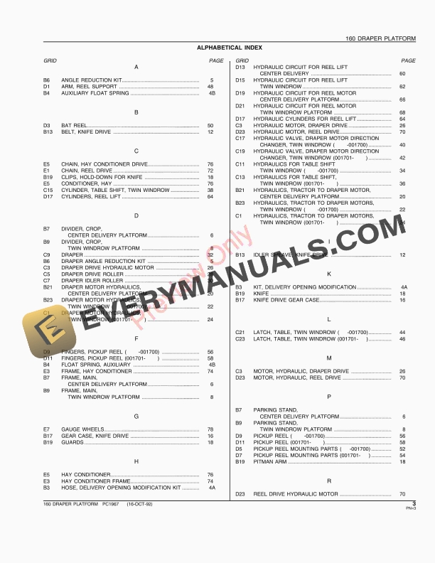 John Deere 160 Draper Platform Parts Catalog PC1967 16OCT92-5