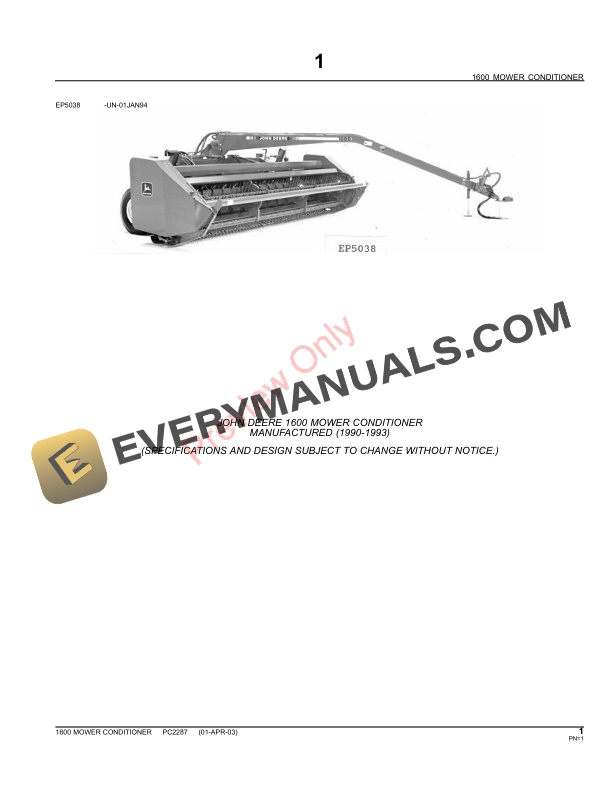 John Deere 1600 Mower Conditioner Parts Catalog PC2287 09MAY11-3