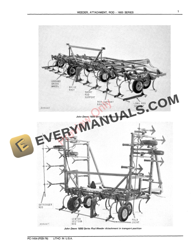John Deere 1600 Series Rod Weeder Attachment Parts Catalog PC1454 01FEB76-3