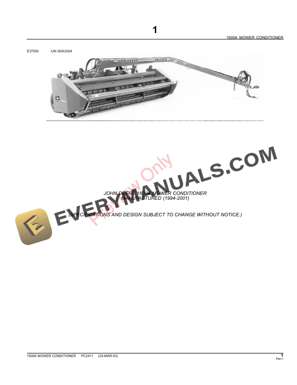 John Deere 1600A Mower Conditioner Parts Catalog PC2411 06MAY11-3