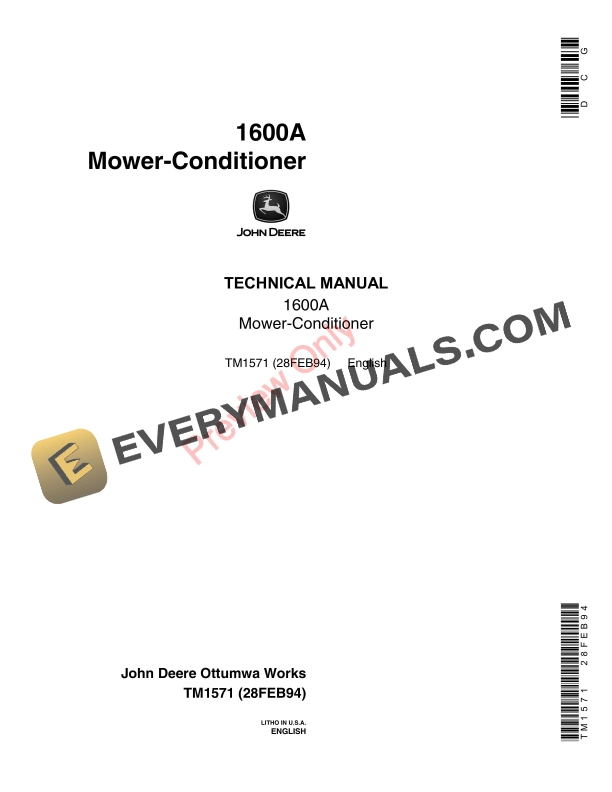 John Deere 1600A Mower-Conditioner Technical Manual TM1571 28FEB94-1