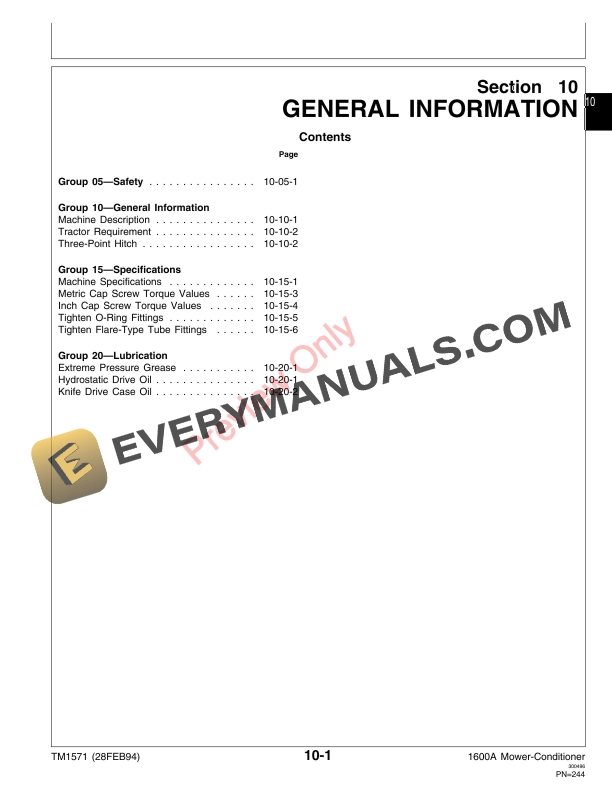 John Deere 1600A Mower Conditioner Technical Manual TM1571 28FEB94 5