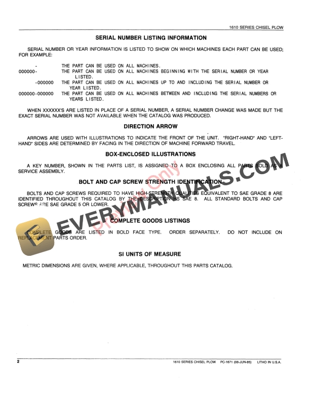 John Deere 1610 Series Drawn and Integral Chisel Plows Parts Catalog PC1671 06JUN85 5 John Deere 1610 Series Drawn and Integral Chisel Plows Parts Catalog PC1671 06JUN85-4