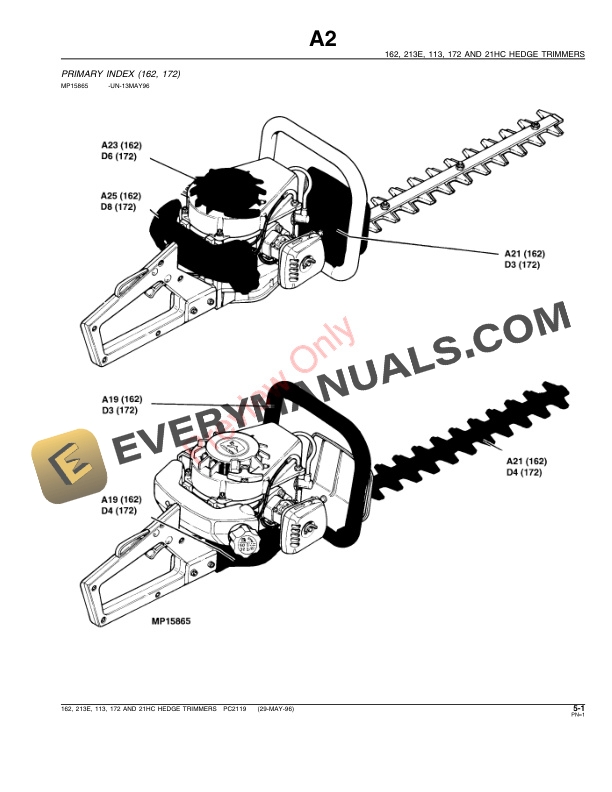 John Deere 162, 213E, 113, 172, 21HC Hedge Trimmers Parts Catalog PC2119 29MAY96-3