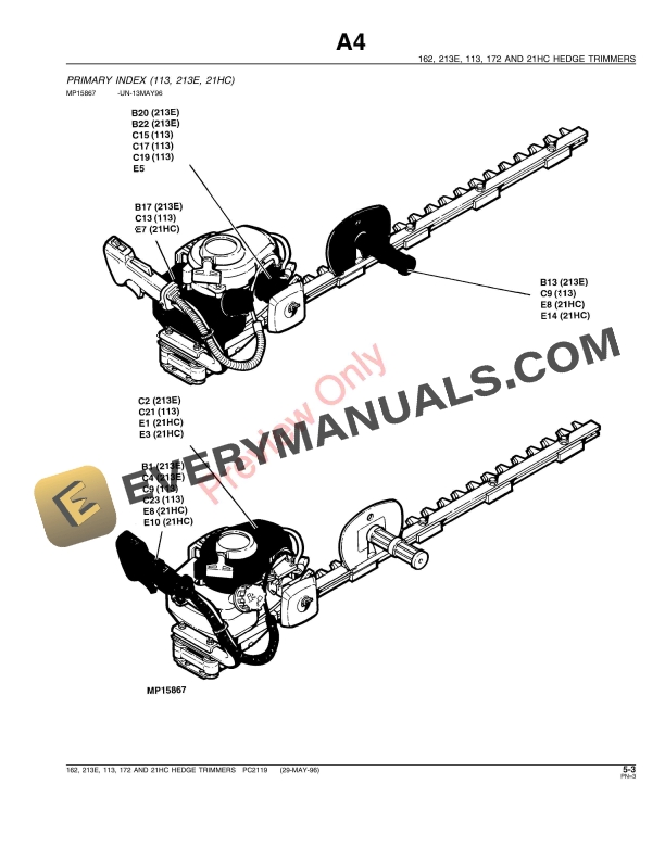 John Deere 162, 213E, 113, 172, 21HC Hedge Trimmers Parts Catalog PC2119 29MAY96-5