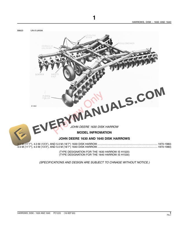 John Deere 1630, 1640 Disk Harrows Parts Catalog PC1225 13MAY11-3
