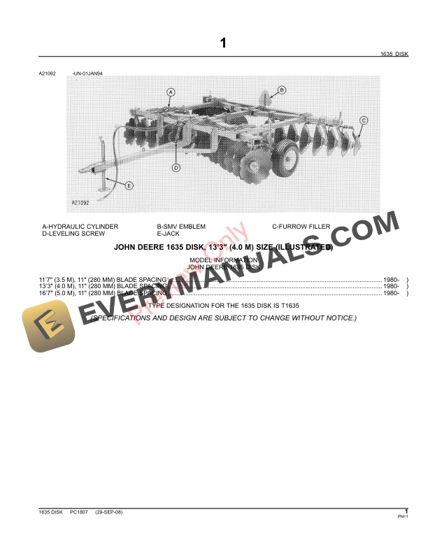 John Deere 1635 Disk Harrow Parts Catalog PC1807 31MAY11-3