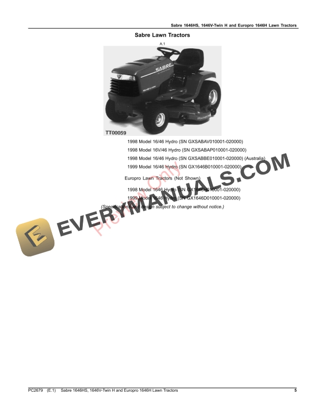 John Deere 1646HS, 1646V-TWIN H SABRE AND 1646H EUROPRO LAWN TRACTORS Parts Catalog PC2679 14SEP23-5