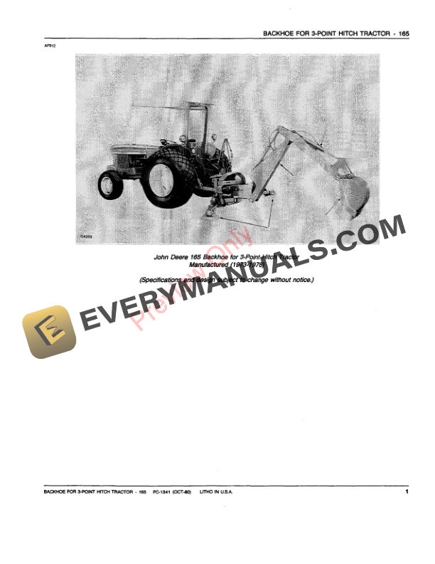 John Deere 165 Backhoe (Applies to 3-Point Hitch Tractors) Parts Catalog PC1341 19NOV80-3