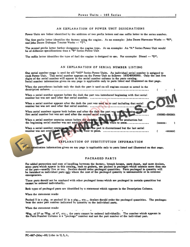 John Deere 165 Series Power Unit Parts Catalog PC667 01MAY68-3