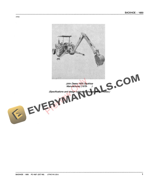 John Deere 1650 Backhoe Loader Parts Catalog PC1627 01NOV80-3