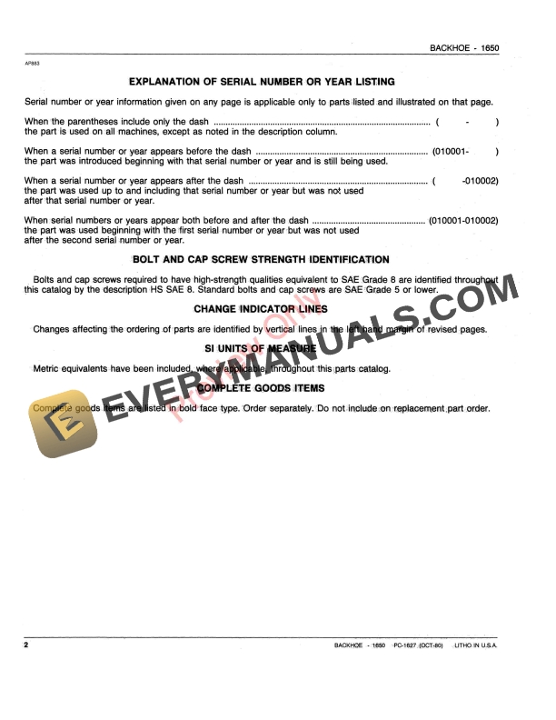 John Deere 1650 Backhoe Loader Parts Catalog PC1627 01NOV80-4