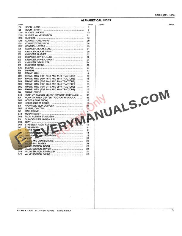 John Deere 1650 Backhoe Loader Parts Catalog PC1627 01NOV80-5