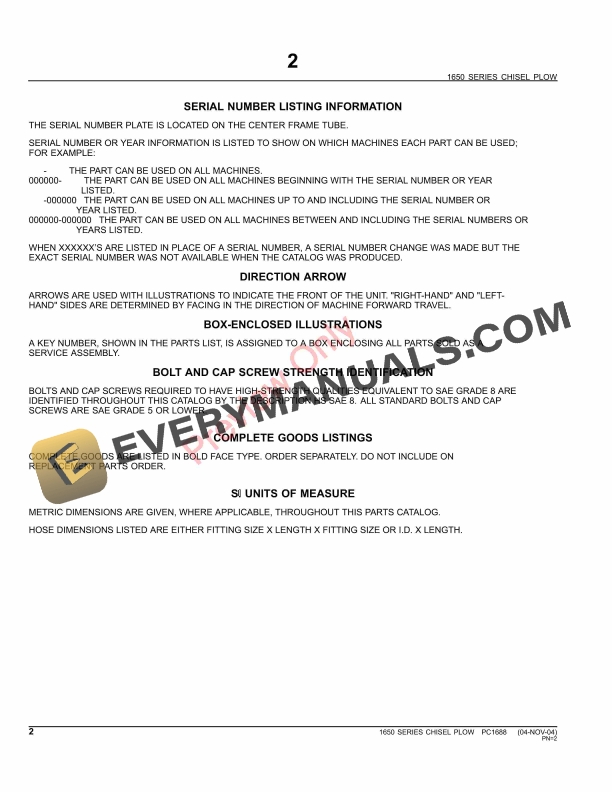 John Deere 1650 Series Drawn Chisel Plows Parts Catalog PC1688 10JUN11-4