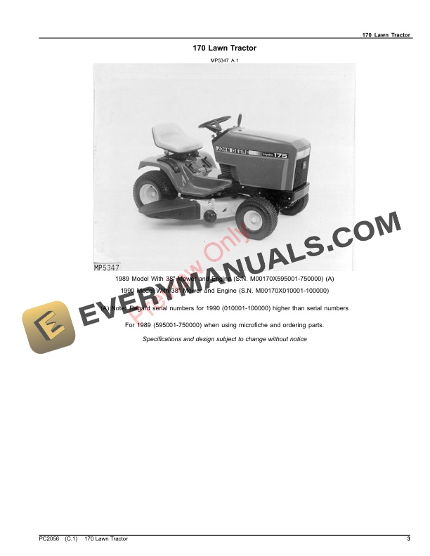 John Deere 170 LAWN TRACTORS Parts Catalog PC2056 20AUG23-3