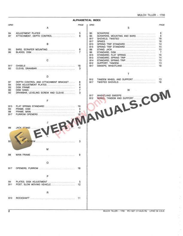 John Deere 1700 Mulch Tiller Parts Catalog PC1327 17AUG79-4