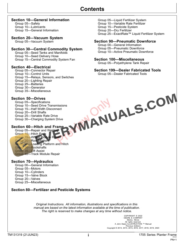 John Deere 1705 Series Planter Frame Repair Technical Manual TM131319 21JUN23 3
