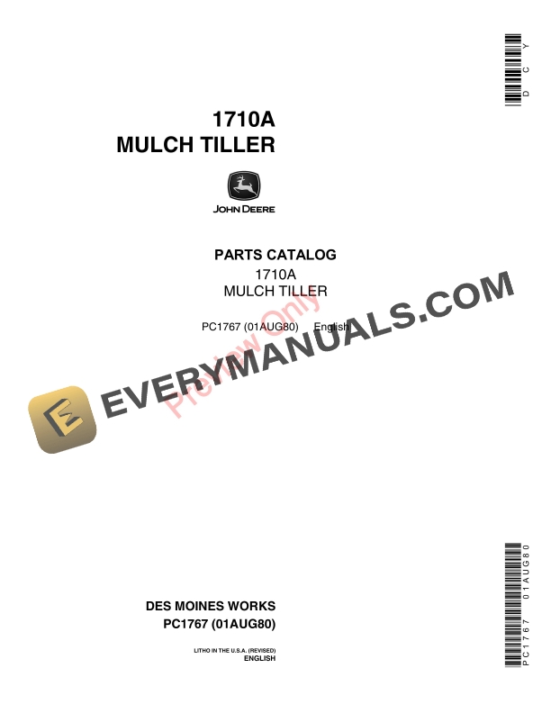 John Deere 1710A Mulch Tiller Parts Catalog PC1767 01AUG80-1