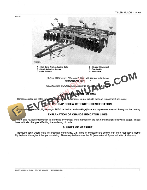 John Deere 1710A Mulch Tiller Parts Catalog PC1767 01AUG80-3