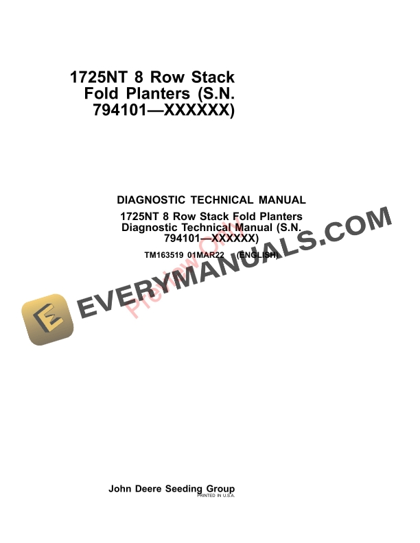 John Deere 1725NT 8 Row Stack Fold Planters (794101-) Diagnostic Technical Manual TM163519 01MAR22-1