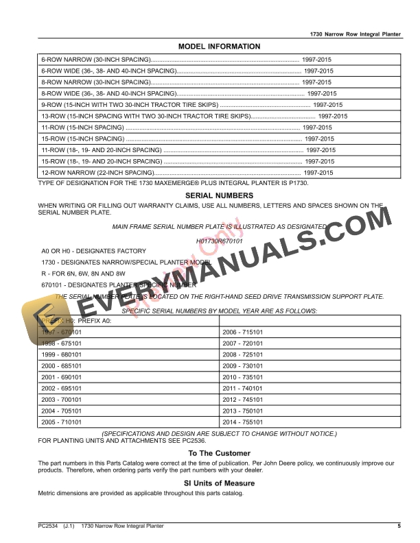 John Deere 1730 Narrow Row Integral Planter Parts Catalog PC2534 15OCT23-5