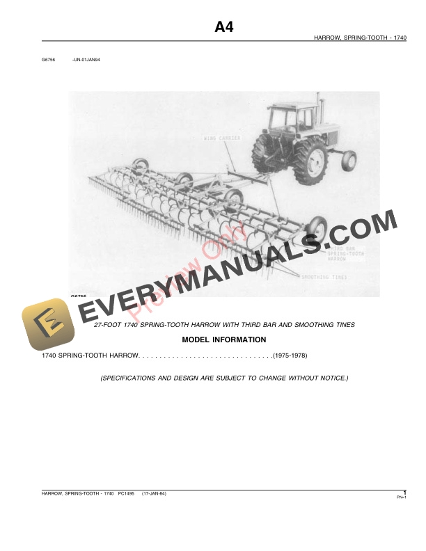 John Deere 1740 Spring-Tooth Harrow Parts Catalog PC1495 17JAN84-3