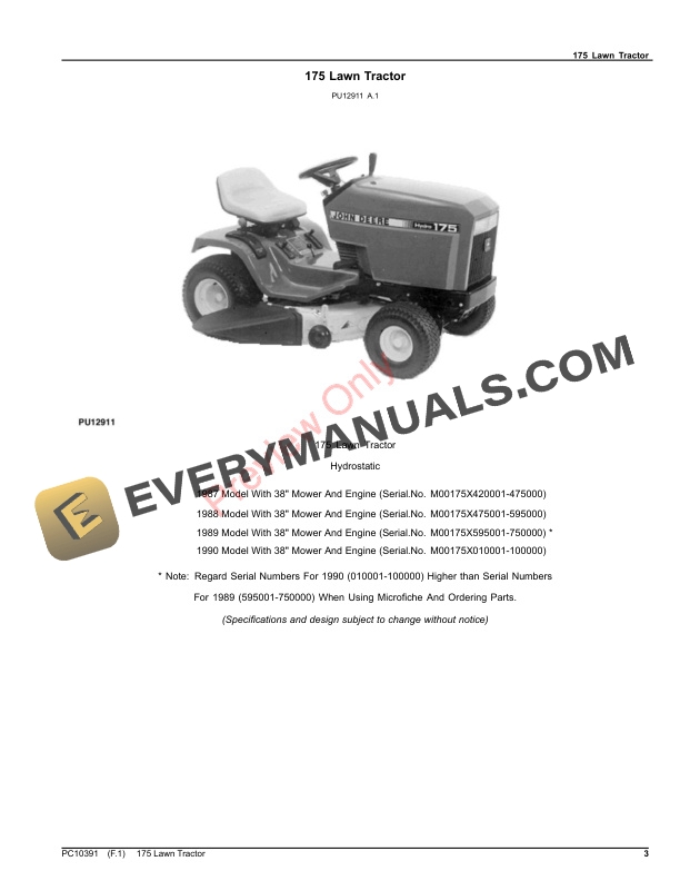 John Deere 175 Lawn Tractors Parts Catalog PC10391 22AUG23 3