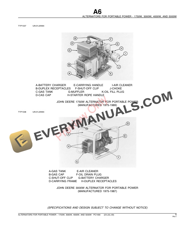 John Deere 1750W, 3000W, 4000W, 5000W Alternators for Portable Power Parts Catalog PC1490 23JUL93 4 John Deere 1750W, 3000W, 4000W, 5000W Alternators for Portable Power Parts Catalog PC1490 23JUL93-3