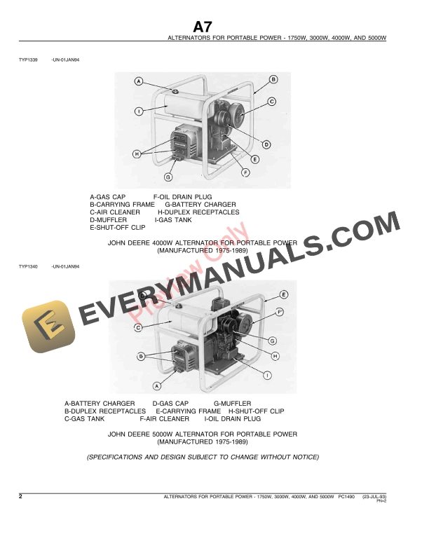 John Deere 1750W, 3000W, 4000W, 5000W Alternators for Portable Power Parts Catalog PC1490 23JUL93 5 John Deere 1750W, 3000W, 4000W, 5000W Alternators for Portable Power Parts Catalog PC1490 23JUL93-4