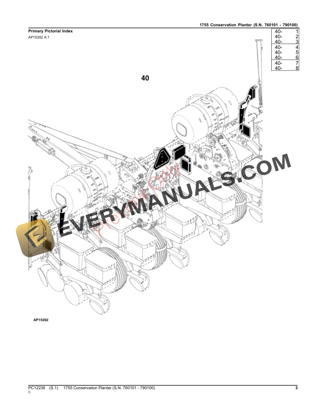 John Deere 1755 Conservation Planter (S.N. 760101 - 790100) Parts Catalog PC12236 10SEP23 4 John Deere 1755 Conservation Planter (S.N. 760101 – 790100) Parts Catalog PC12236 10SEP23-3