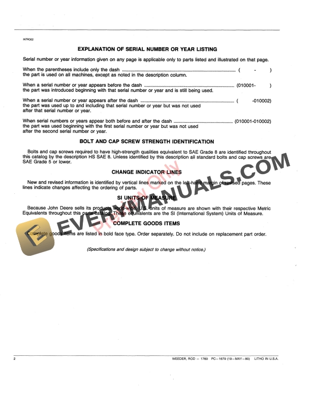 John Deere 1760 Rod Weeder Parts Catalog PC1679 19MAY80-4