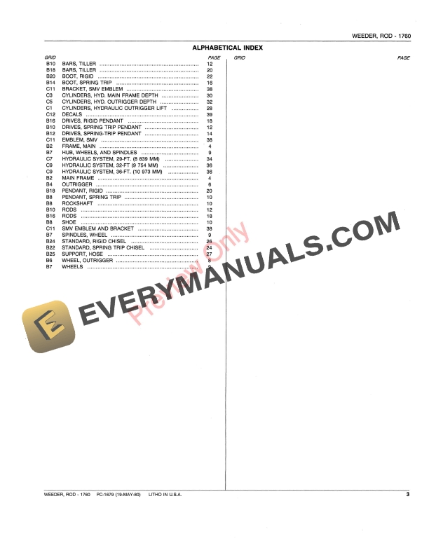 John Deere 1760 Rod Weeder Parts Catalog PC1679 19MAY80-5