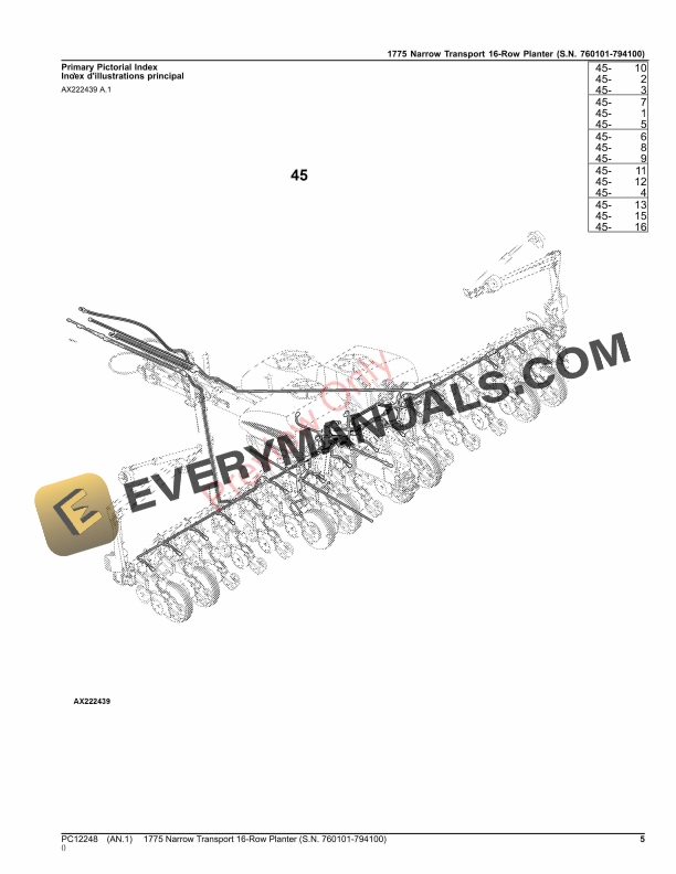 John Deere 1775NT (Narrow Transport) 16-Row Planter, (760101-794100) Parts Catalog PC12248 12NOV23-5