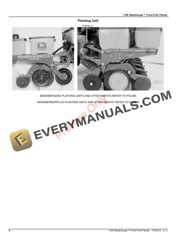 John Deere 1780 Front-Fold MaxEmerge Drawn Conservation Planter 12Row30 16Row22 23Row15 Parts Catalog PC2512 21MAR23-4