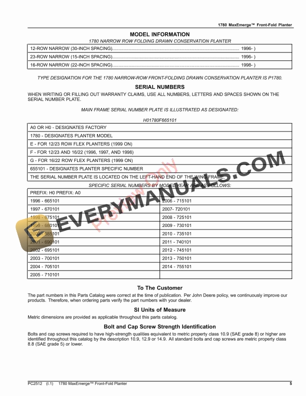 John Deere 1780 Front-Fold MaxEmerge Drawn Conservation Planter 12Row30 16Row22 23Row15 Parts Catalog PC2512 21MAR23-5