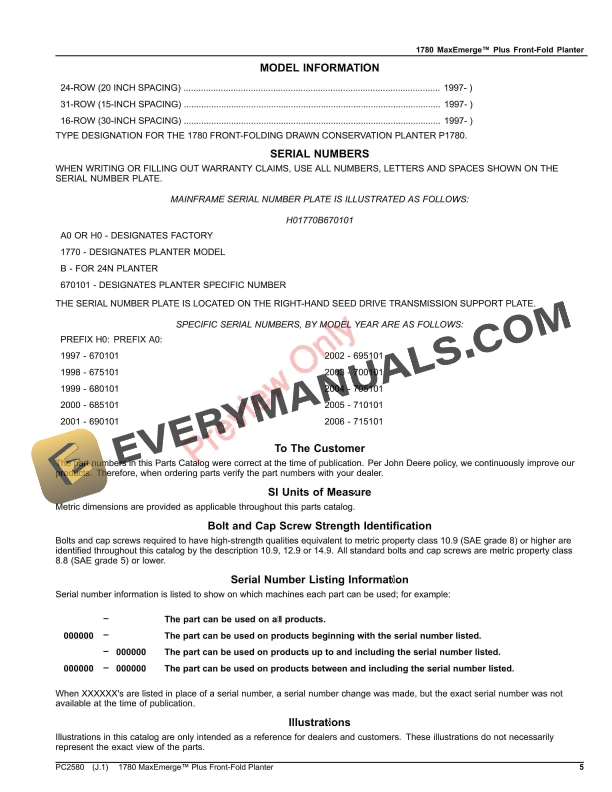 John Deere 1780 Front-Fold MaxEmerge Plus Drawn Conservation Planters 16 Row 30 31 Row 15 And 24 Row 20 Parts Catalog PC2580 10MAY21 6 John Deere 1780 Front-Fold MaxEmerge Plus Drawn Conservation Planters 16 Row 30 31 Row 15 And 24 Row 20 Parts Catalog PC2580 10MAY21-5