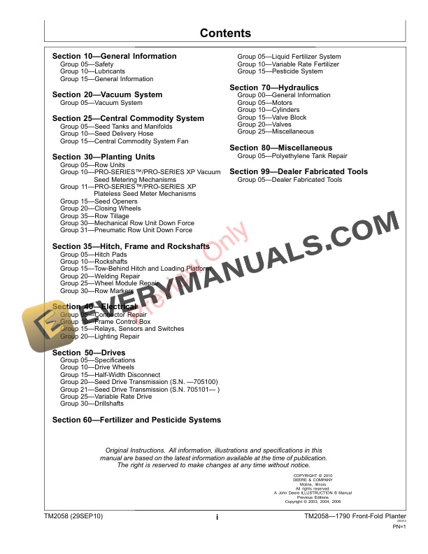 John Deere 1790 Front Fold Planter Technical Manual TM2058 29SEP10 3