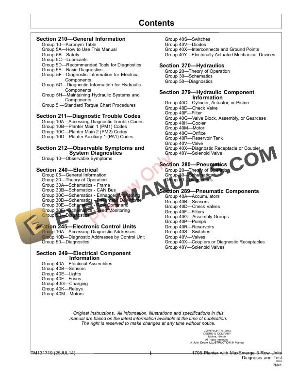 John Deere 1795 Planter with MaxEmerge 5 Row Units Technical Manual TM131719 25JUL14 3