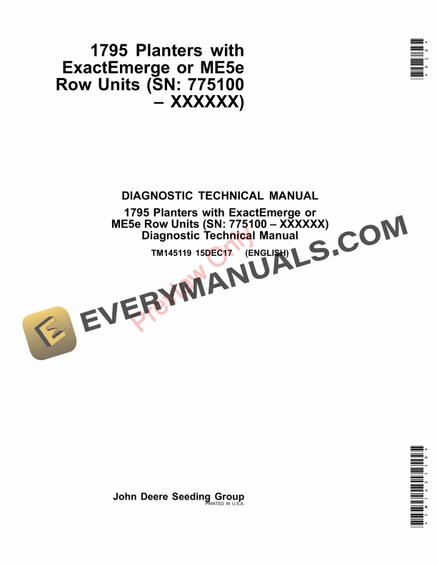 John Deere 1795 Planters with ExactEmerge or ME5e Row Units Diagnostic Technical Manual TM145119 15DEC17-1