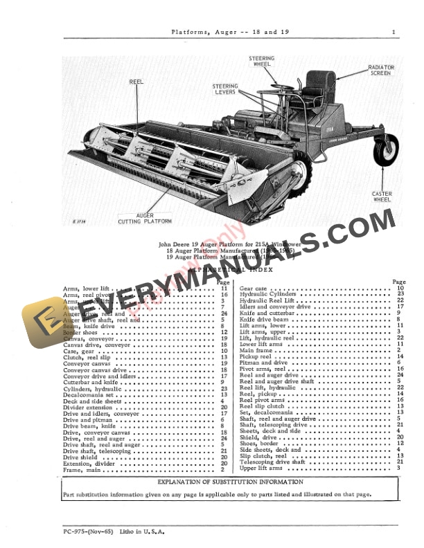 John Deere 18, 19 Auger Platforms Parts Catalog PC975 01NOV65-3