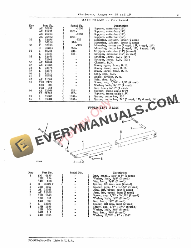 John Deere 18, 19 Auger Platforms Parts Catalog PC975 01NOV65-5